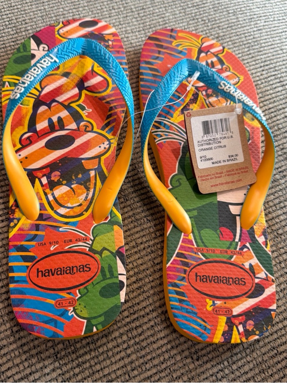 Havaianas Made in Brazil Orange Citrus Goofy Disney Flip Flop US9/10 EUR43/44
